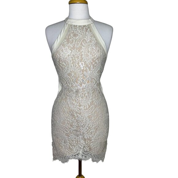 Luxxel Cream Colored Lace Naked Dress, Halter Neck, Clubbing Dress, Size Large - Picture 1 of 8